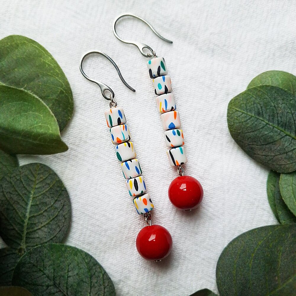 Colorful Statement Dangle Earrings – Handmade Polymer Clay & Red Coral Earrings